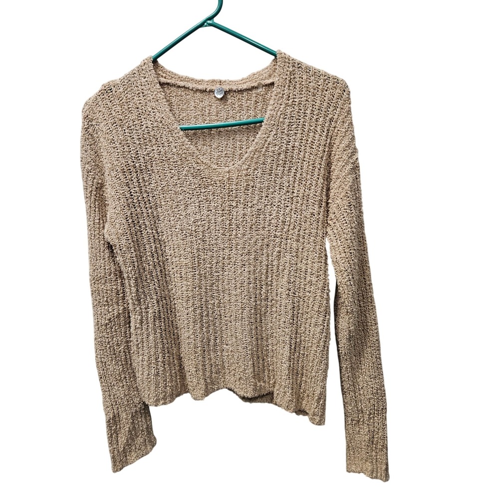 Margaret O'Leary Sweater Womens S Tan V-Neck Cashmere Blend Open Knit Coastal